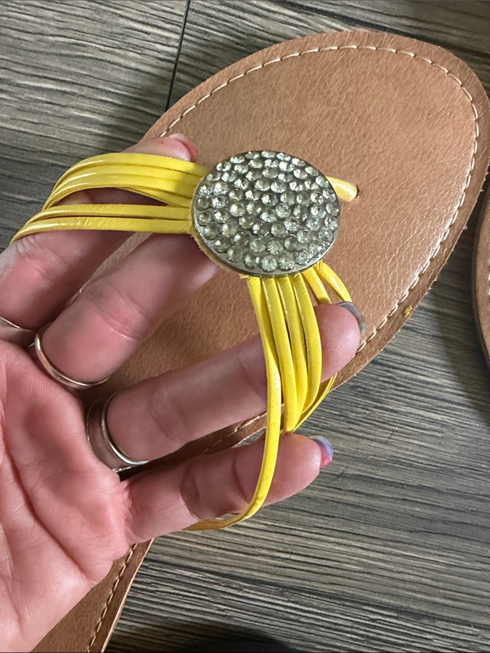Dots Yellow Rhinestone-Button Slide Sandals - Picture 2 of 4